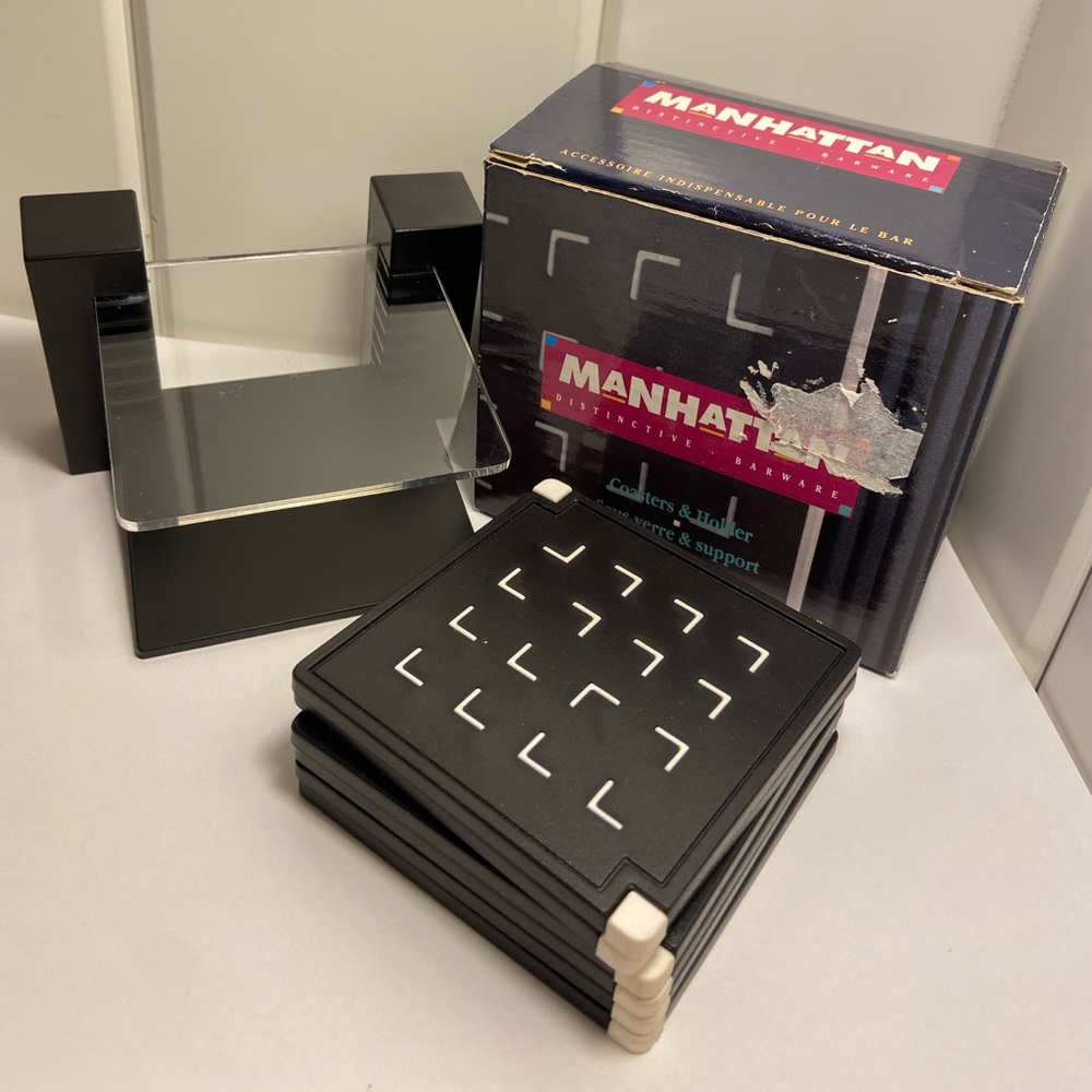 Vintage coasters Manhattan MSC 6 rubber  Holder Black White 80s Barware Set